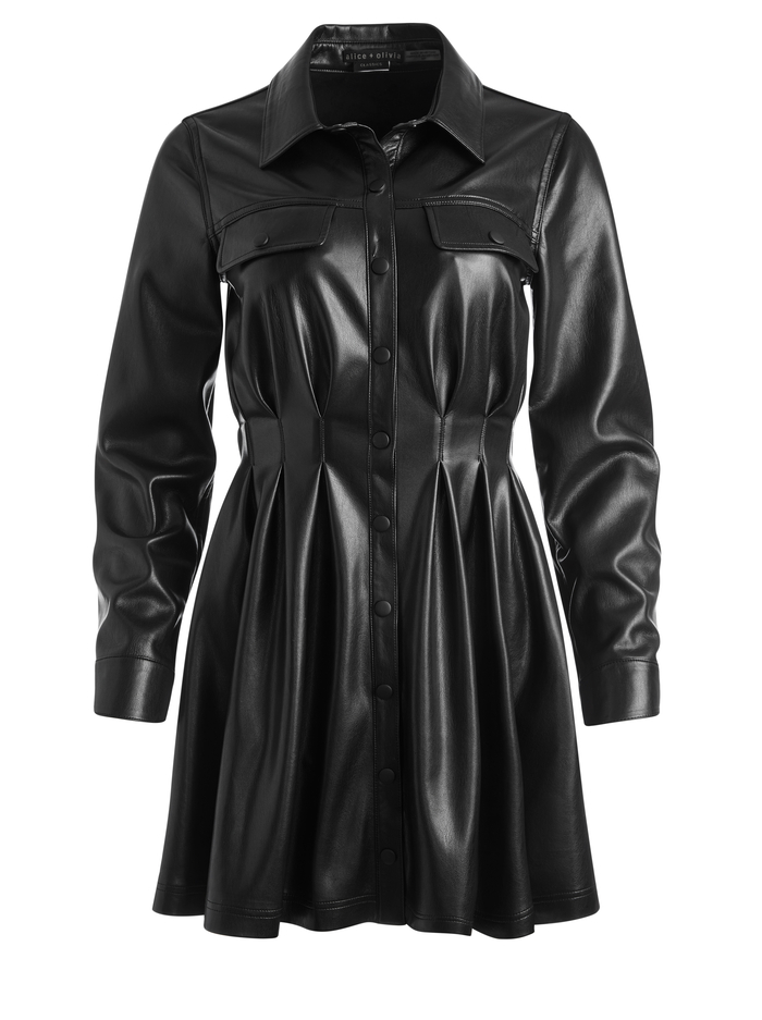 MALINA VEGAN LEATHER SHIRT DRESS - BLACK image 5 - Alice And Olivia