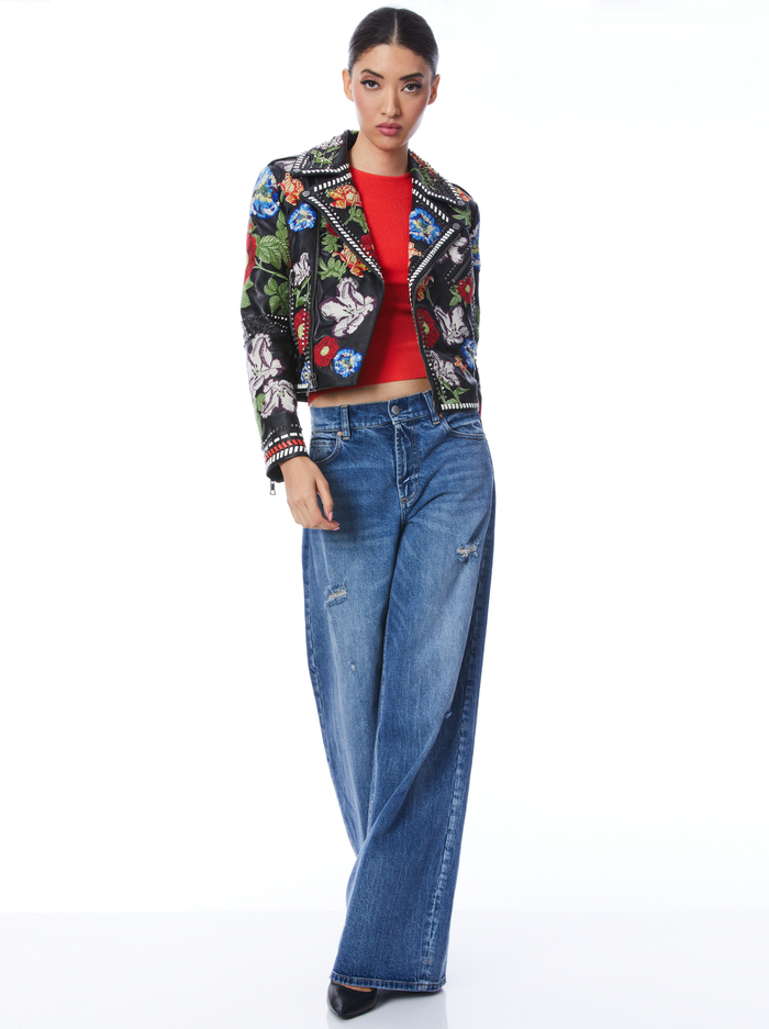 CODY EMBROIDERED LEATHER MOTO JACKET - ATRIUM FLORAL LG image 2 - Alice And Olivia
