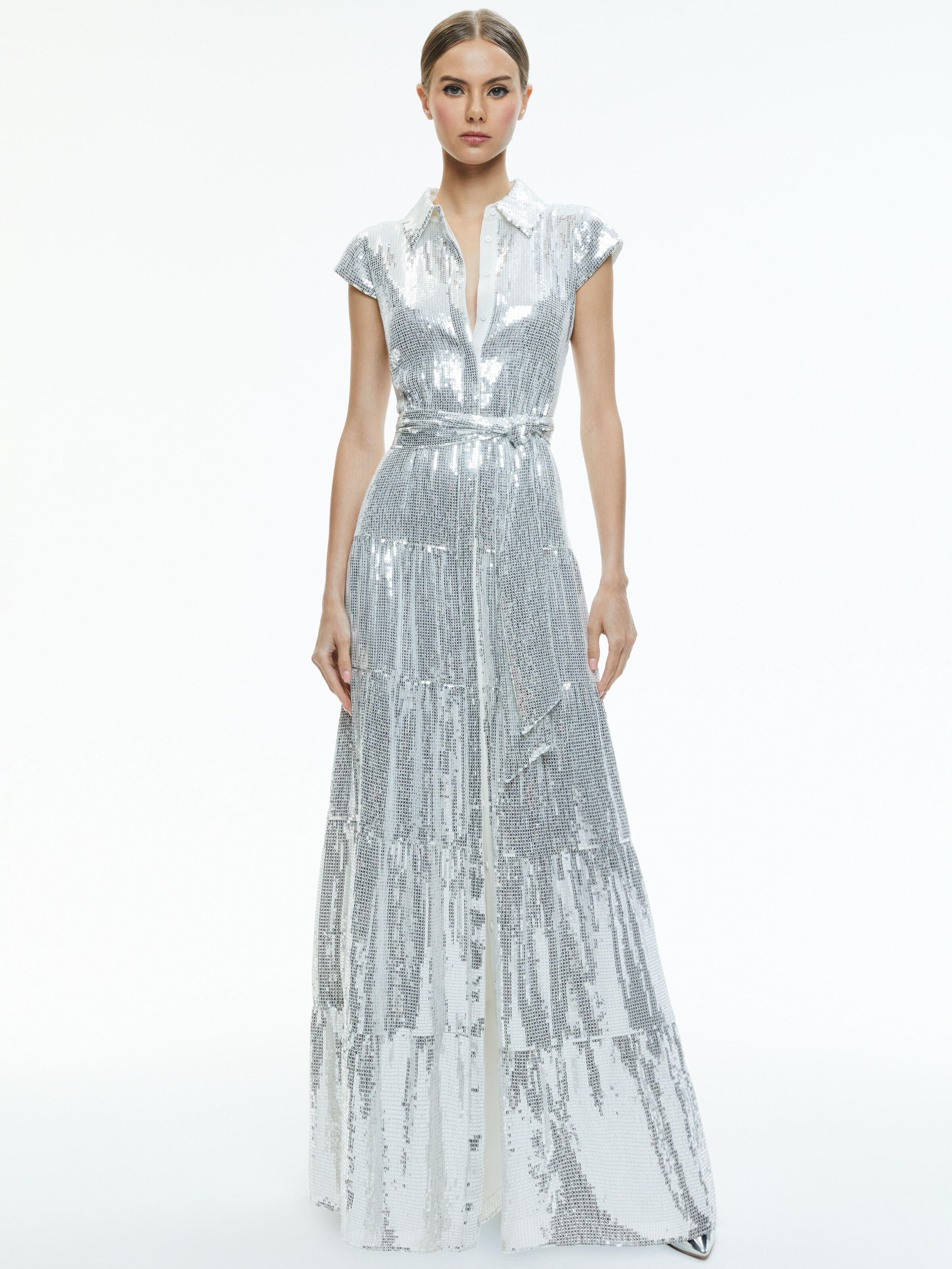 Miranda Embellished Tiered Maxi Dress In Silver Alice Olivia