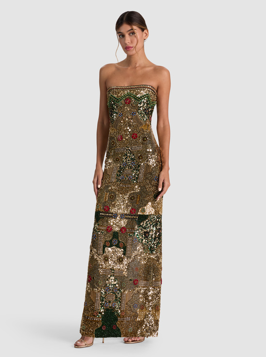 GOLD/MULTI-DELORA EMBELLISHED STRAPLESS GOWN