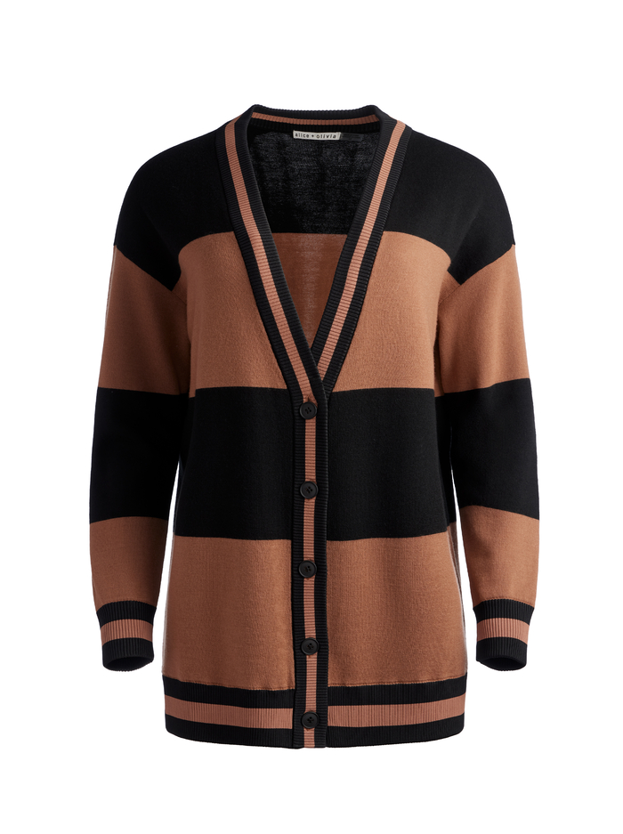 BARRY OVERSIZED V-NECK CARDIGAN - CAMEL/BLACK STRIPE image 5 - Alice And Olivia