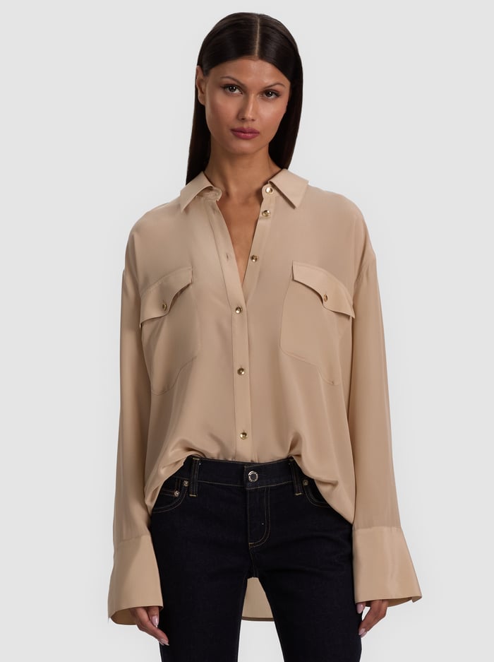 FINELY OVERSIZED SILK BUTTON DOWN - SAND - ALICE + OLIVIA