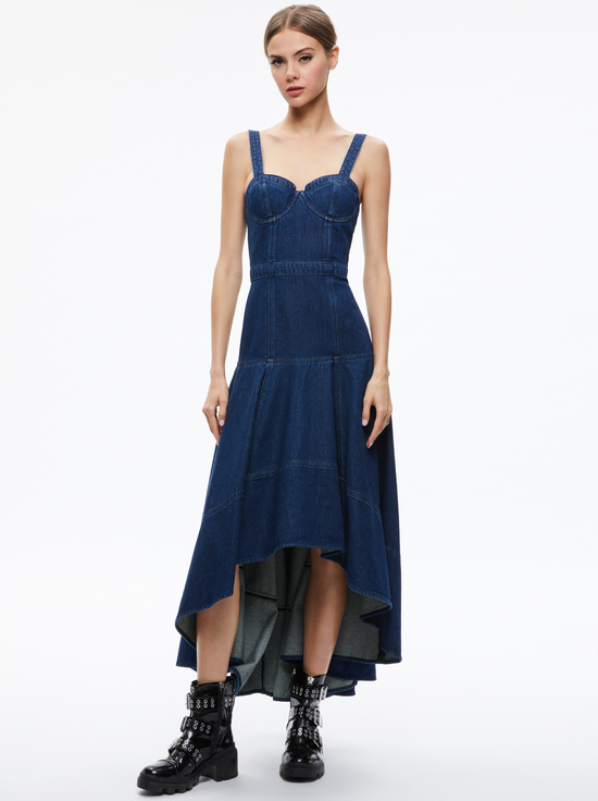 DONELLA DENIM HIGH LOW DRESS in LOVE TRAIN | ALICE + OLIVIA