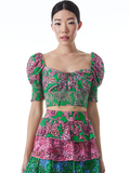 CRAWFORD LACE UP SMOCKED TOP - SPRING PAISLEY GARDEN GREEN