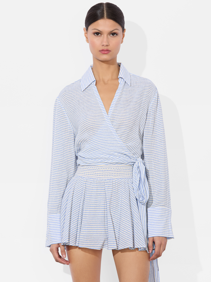 HANNON TIE FRONT BLOUSE - OFF WHITE/BLUE - Alice And Olivia