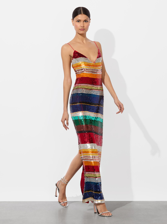 RAINBOW STRIPE-ARTEA EMBELLISHED MAXI DRESS