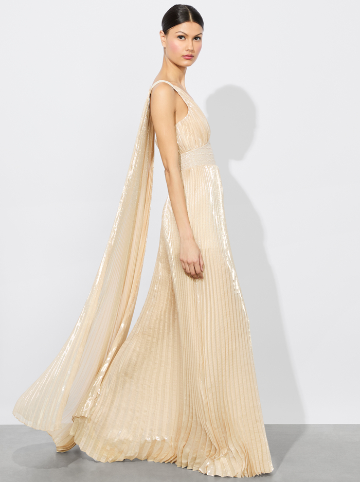ROSALIE JUMPSUIT WITH CAPE - CHAMPAGNE/GOLD - Alice And Olivia