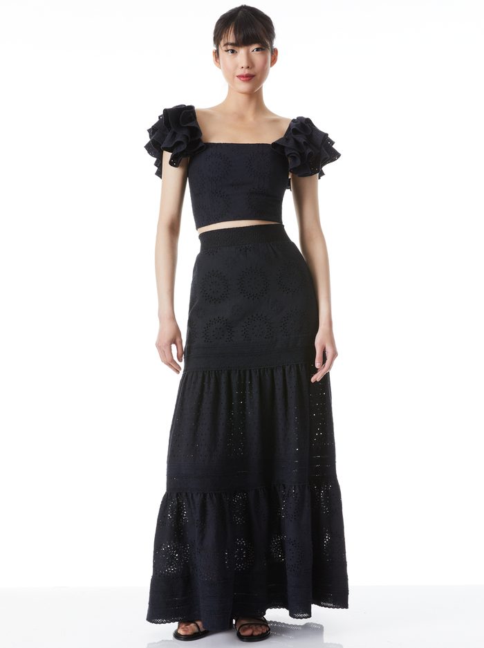 TAWNY EYELET SQUARE NECK RUFFLE CROP TOP - BLACK image 2 - Alice And Olivia