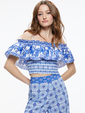 KIA SMOCKED COLD SHOULDER RUFFLE CROP TOP - GREEK TILE