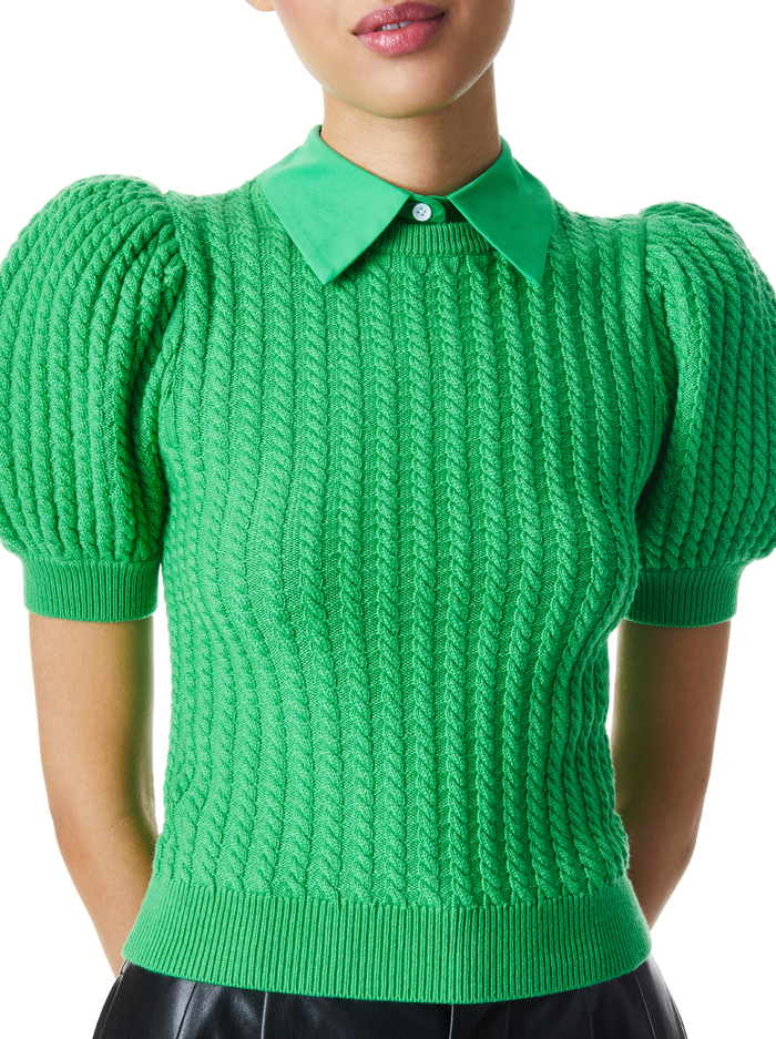 CHASE CABLE KNIT PUFF SLEEVE SWEATER - GARDEN GREEN image 3 - Alice And Olivia