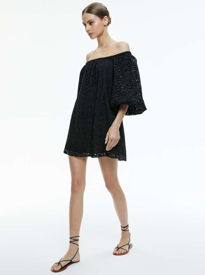 ARTEMIS OFF THE SHOULDER BLOUSON SLEEVE MINI DRESS - BLACK image 5 - Alice And Olivia