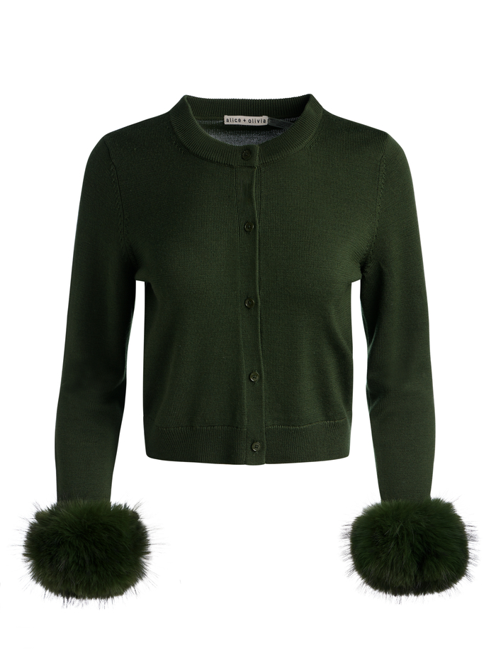 DOLLIE FAUX FUR CUFF CARDIGAN - DARK OLIVE image 5 - ALICE + OLIVIA