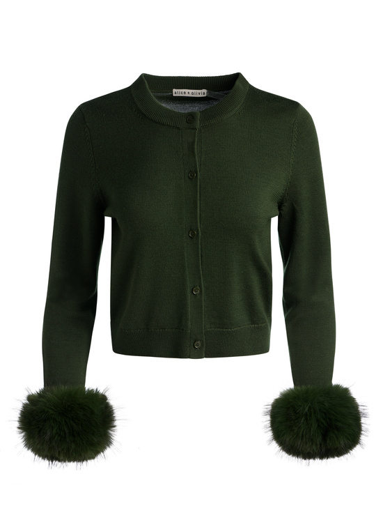 DARK OLIVE-DOLLIE FAUX FUR CUFF CARDIGAN