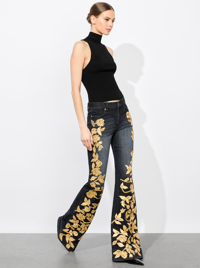 SB EMBELLISHED BELL JEAN - MAYA CHARCOAL BLACK/GOLD image 4 - Alice And Olivia