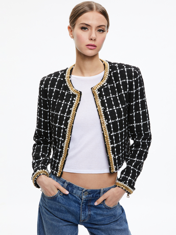 Sabina Chain Trim Tweed Jacket In Black/ecru