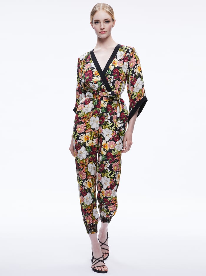 WALDA WRAP FRONT JUMPSUIT - JUNIPER FLORAL BLACK - Alice And Olivia