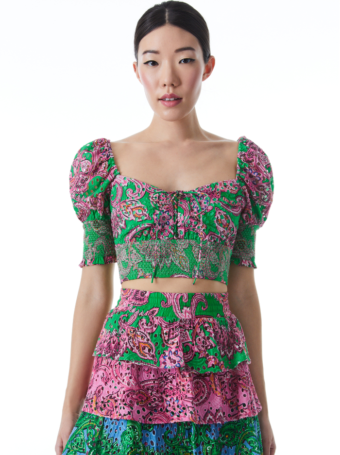 CRAWFORD LACE UP SMOCKED TOP - SPRING PAISLEY GARDEN GREEN - Alice And Olivia