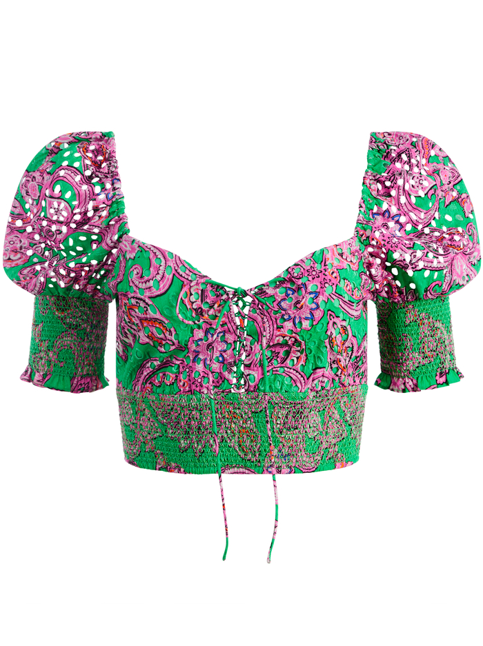 CRAWFORD LACE UP SMOCKED TOP - SPRING PAISLEY GARDEN GREEN image 5 - Alice And Olivia