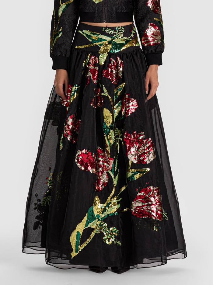 ORIANA EMBELLISHED GOWN SKIRT - SOFT TULIP BLACK - ALICE + OLIVIA