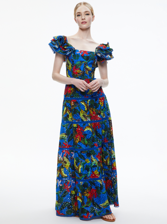 TAWNY EYELET SQUARE NECK MAXI DRESS - TROPICAL SUNRISE SAPPHIRE image 2 - ALICE + OLIVIA