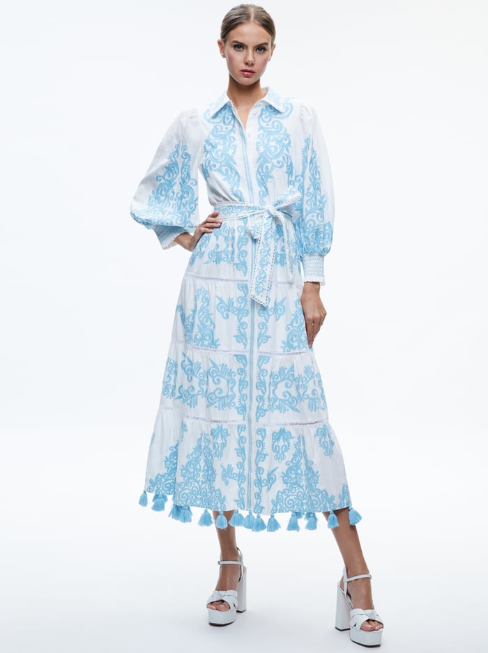 SHIRA EMBROIDERED MIDI TIERED DRESS - OFF WHITE/SPRING SKY - Alice And Olivia