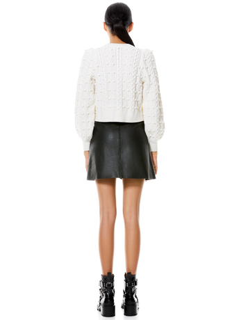 SOFT WHITE/BLACK-KITTY PUFF SLEEVE CARDIGAN