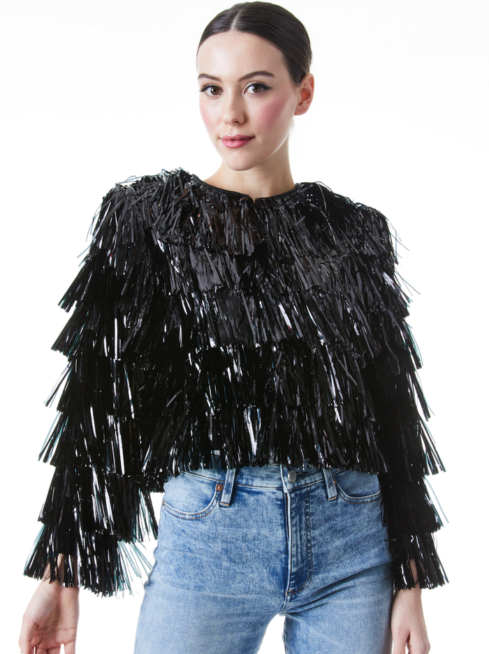 FAWN FRINGE TINSEL JACKET - BLACK - Alice And Olivia