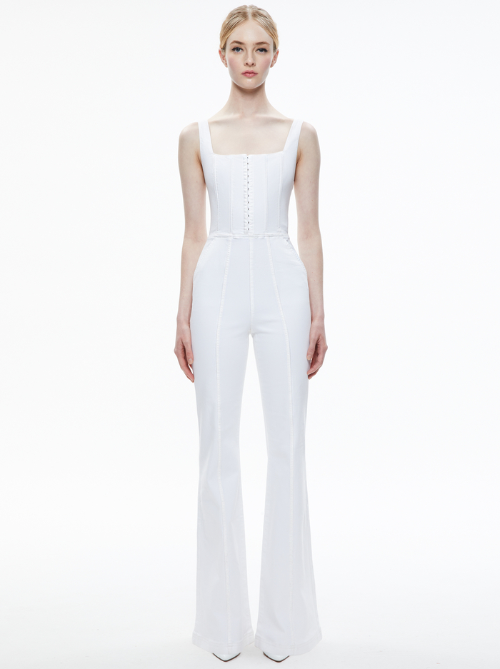 CHELS DENIM CORSET SLEEVELESS JUMPSUIT - WHITE - Alice And Olivia