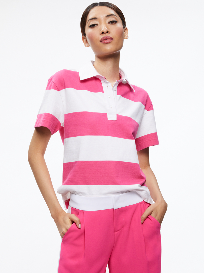 TREVA BOXY POLO SHIRT - CANDY/WHITE - Alice And Olivia