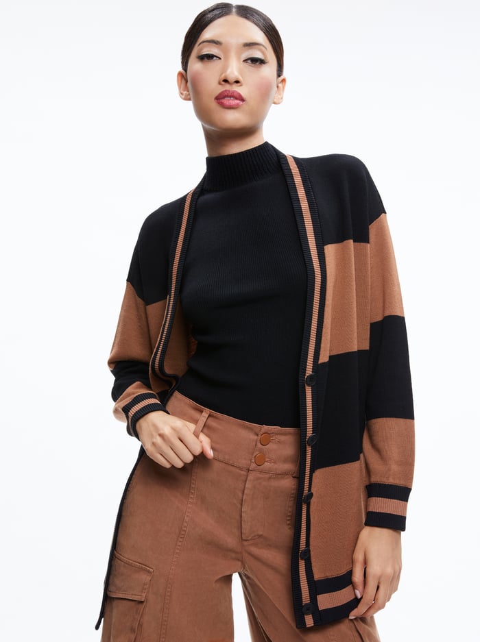 BARRY OVERSIZED V-NECK CARDIGAN - CAMEL/BLACK STRIPE - Alice And Olivia