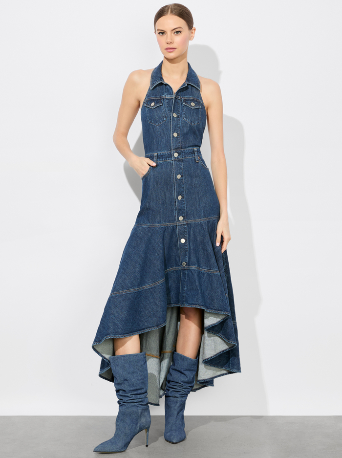 JUANA HIGH LOW DENIM DRESS - DARBY VINTAGE BLUE - Alice And Olivia