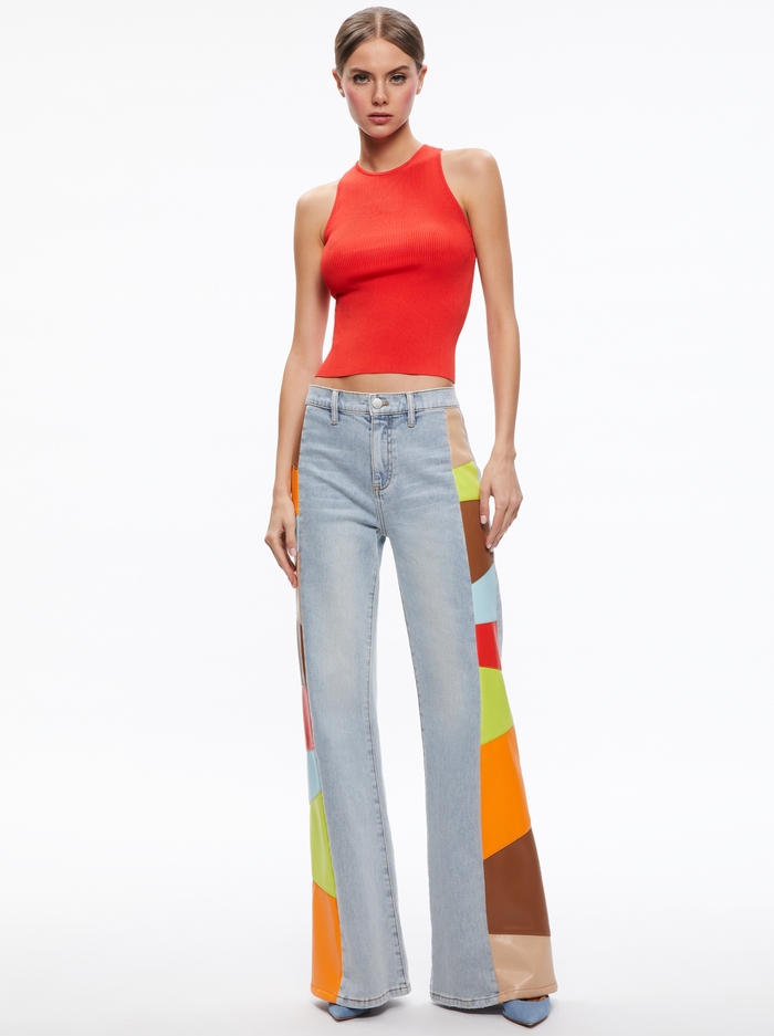 BEAUTIFUL VEGAN LEATHER PATCHWORK FLARE JEAN - ROCKSTAR BLUE / MULTI image 2 - Alice And Olivia