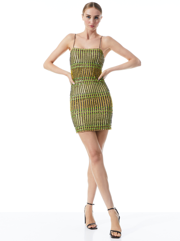 FIFI EMBELLISHED MINI CAMI DRESS - CITRON/BLACK image 4 - ALICE + OLIVIA