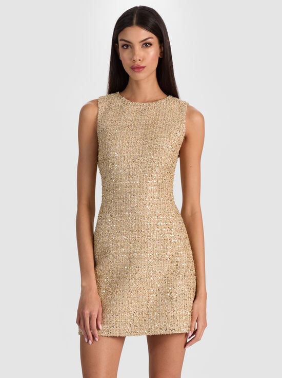 PALE GOLD-CADE EMBELLISHED TWEED MINI DRESS