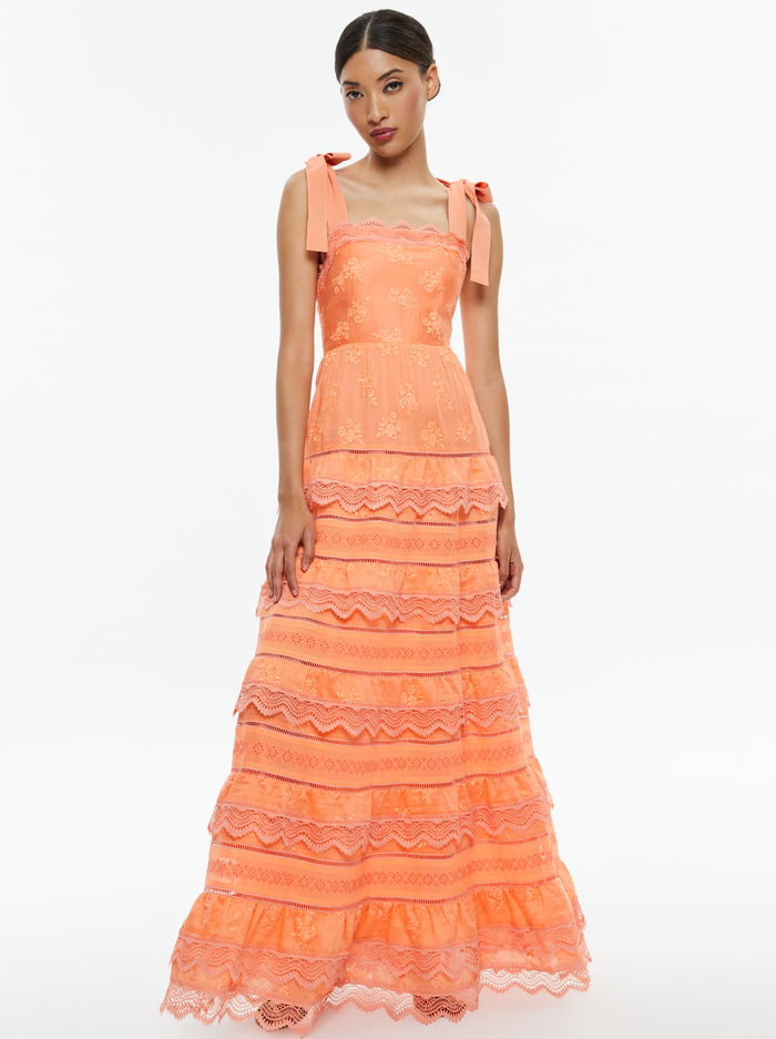 VEGA SLEEVELESS TIERED MAXI DRESS - CORAL - Alice And Olivia
