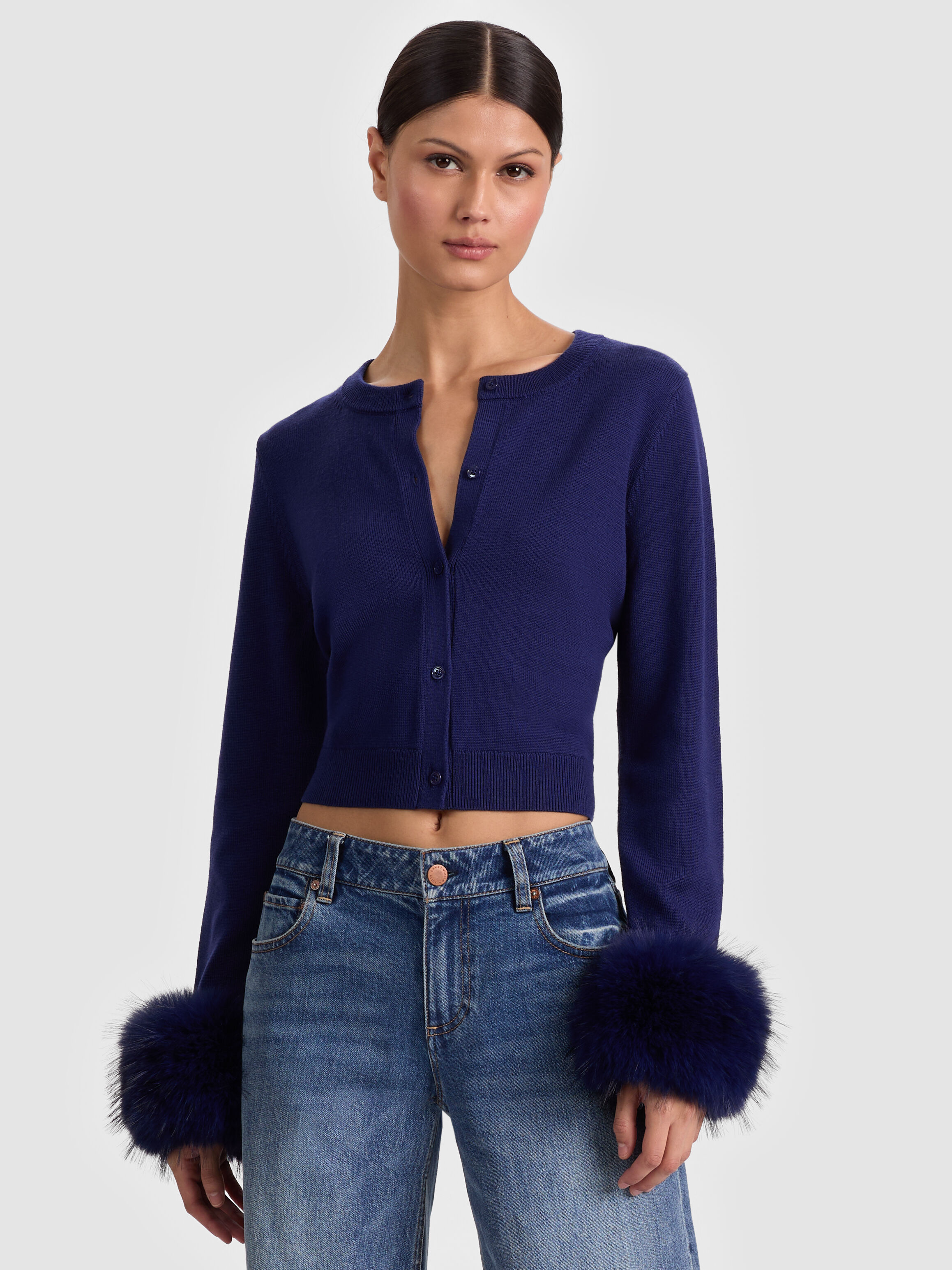 DOLLIE FAUX FUR CUFF CARDIGAN in MIDNIGHT BLUE | ALICE + OLIVIA