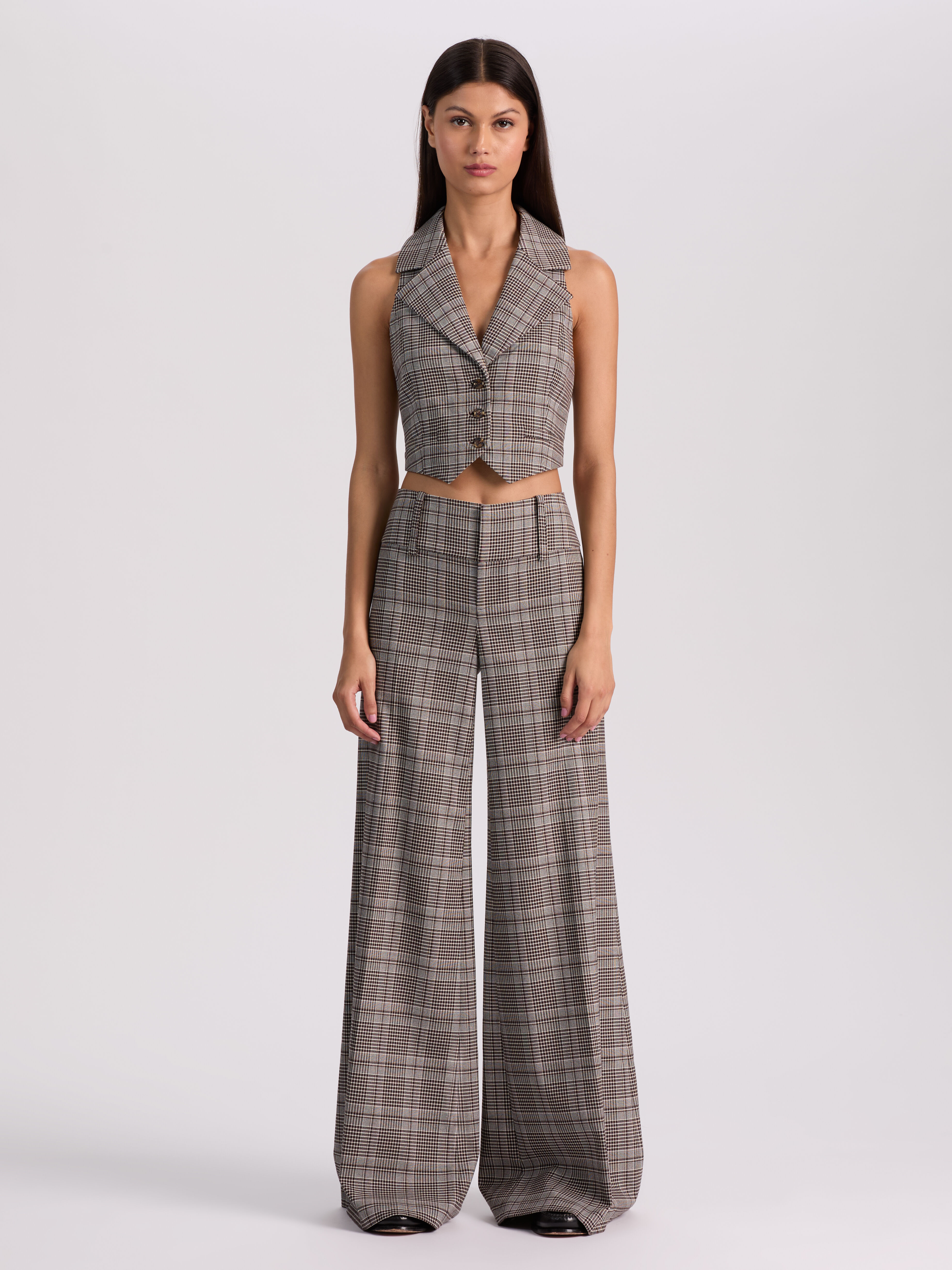OLIVIA PLAID WIDE LEG PANT in BLACK/OFF WHITE/DARK CHOCOLATE
