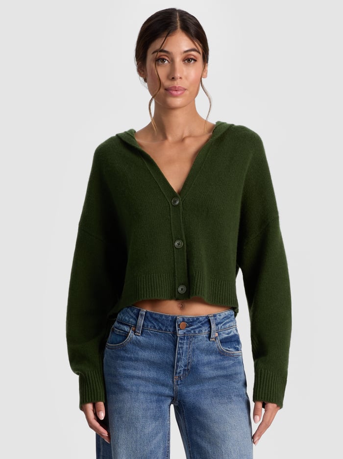 COREY HOODED CASHMERE CARDIGAN - DARK OLIVE - Alice And Olivia