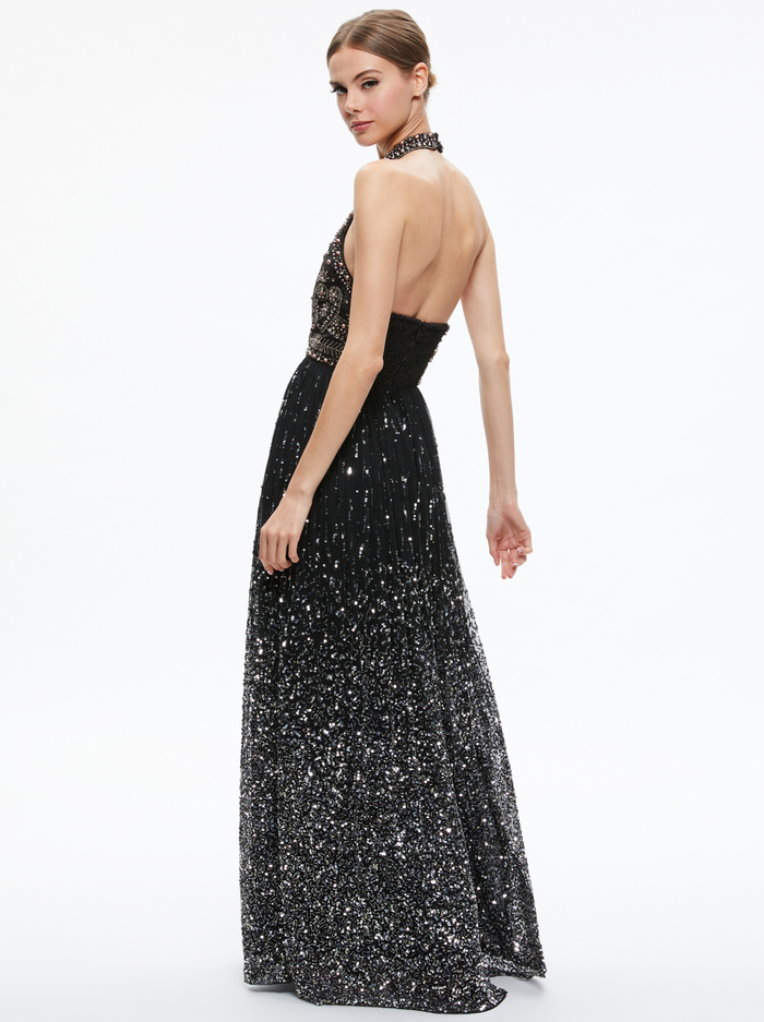 JAEL EMBELLISHED HALTER NECK MAXI GOWN - BLACK/MULTI image 1 - Alice And Olivia