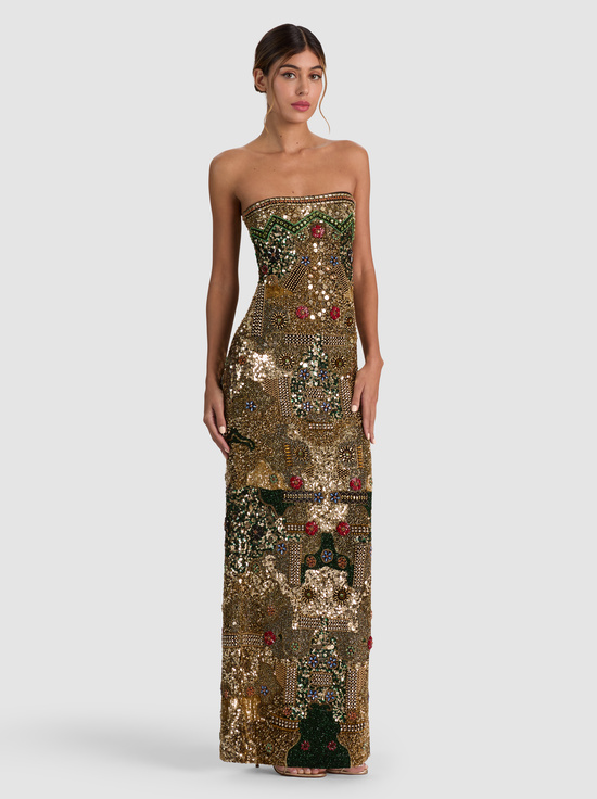 GOLD/MULTI-DELORA EMBELLISHED STRAPLESS GOWN