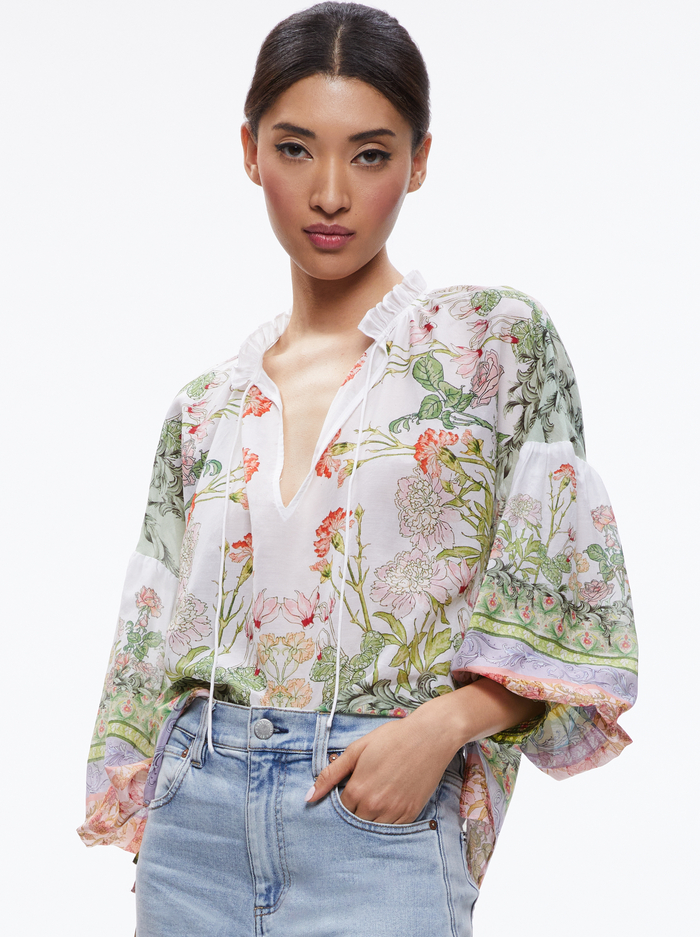 JULIUS BLOUSON SLEEVE TIE FRONT TOP - FLORAL FEST - Alice And Olivia