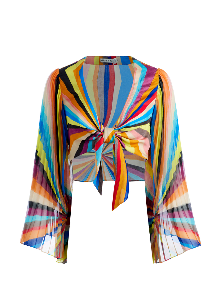 ROCHELLE TIE FRONT PLEATED CROP TOP - POMELO STRIPE image 5 - Alice And Olivia