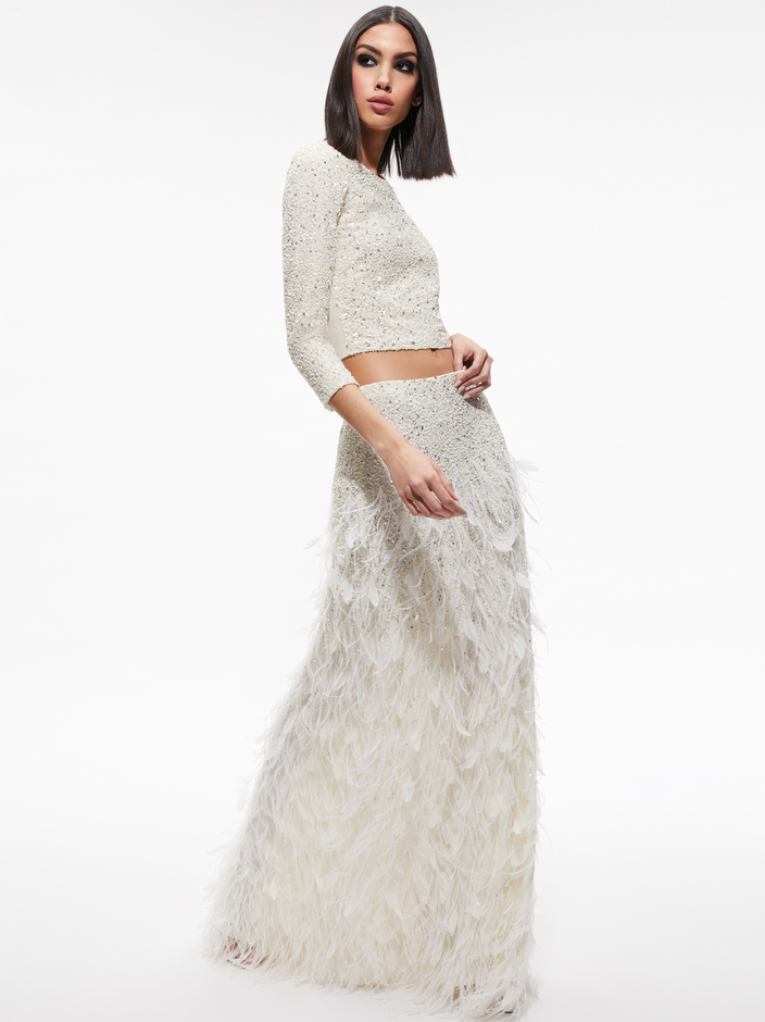 DELAINA EMBELLISHED CROP TOP + ASHTON EMBELLISHED FEATHER SKIRT - 