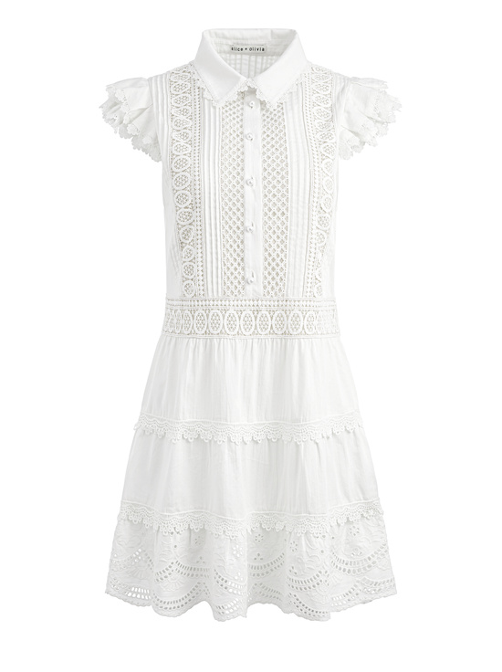 OFF WHITE-MEEKO EMBROIDERED RUFFLED SLEEVE SHIRT DRESS