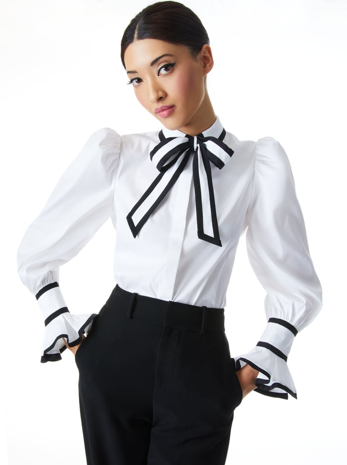 SHAREN PUFF SLEEVE BOW TIE BLOUSE - WHITE/BLACK - Alice And Olivia
