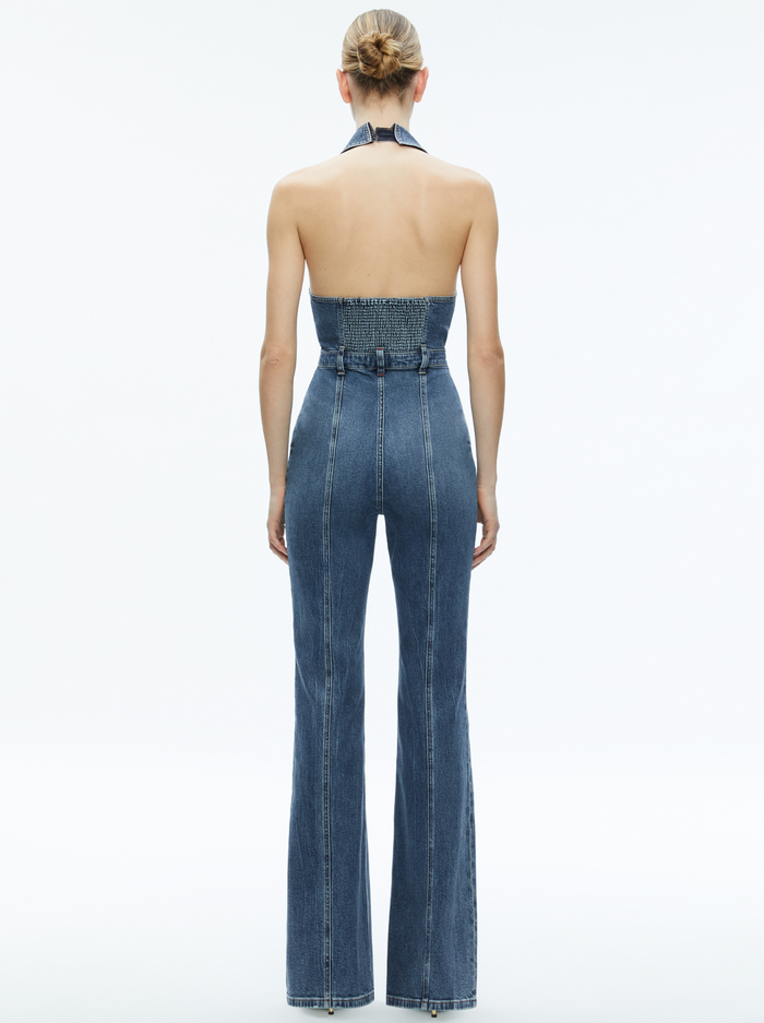 NOEMI HALTER NECK DENIM JUMPSUIT - TRUE BLUES DARK image 1 - Alice And Olivia