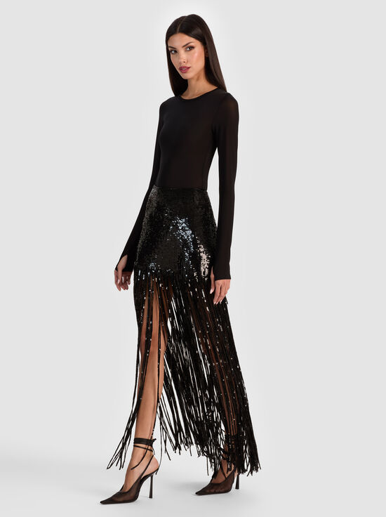 BLACK-KENDRA SEQUIN FRINGE MAXI SKIRT