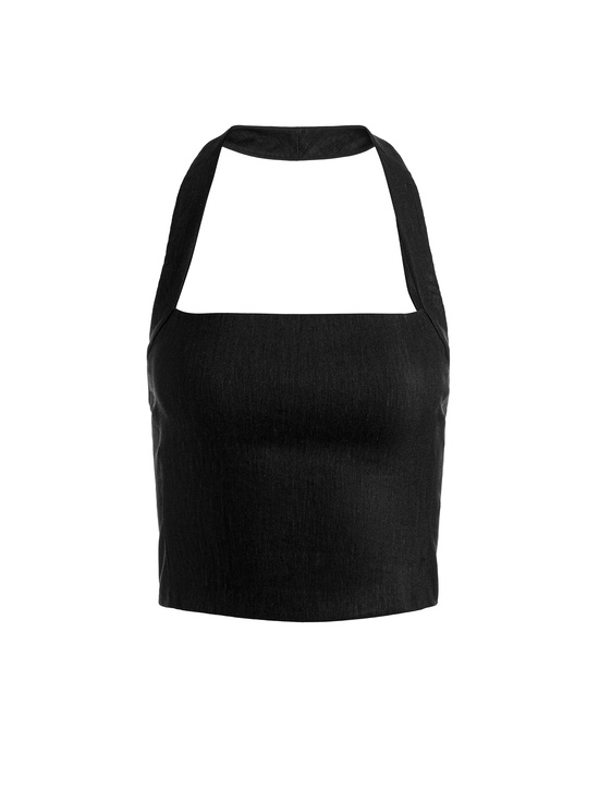 BLACK-FIONA LINEN HALTER TOP