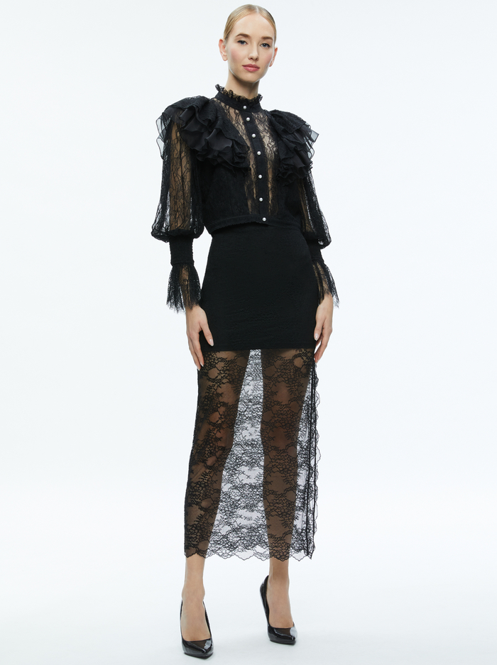 DELPHA RUFFLE LACE BLOUSON SLEEVE CROPPED TOP - BLACK image 2 - Alice And Olivia