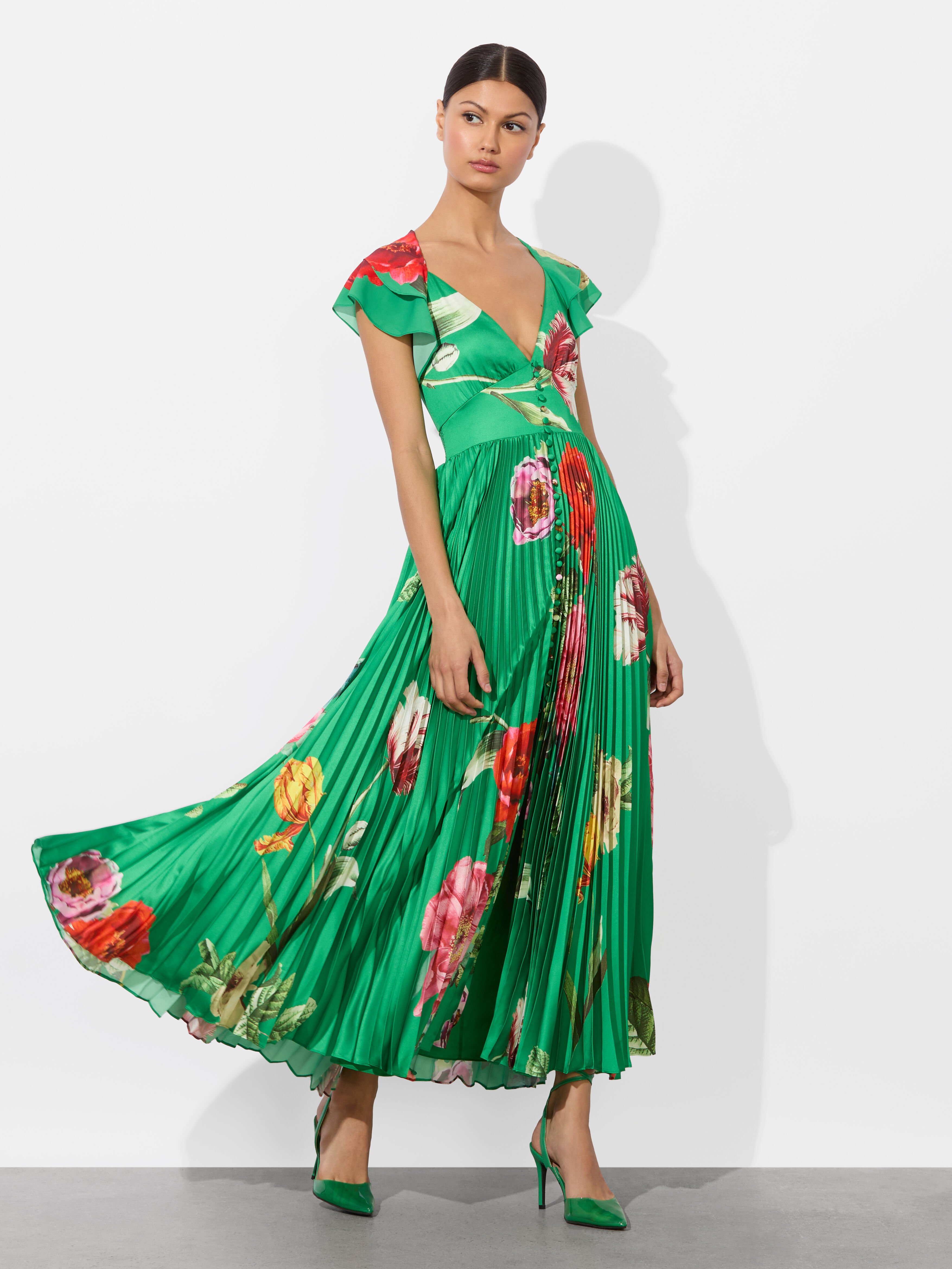 HALIA PLEATED MIDI DRESS in HAMPTONS FLORAL | ALICE + OLIVIA